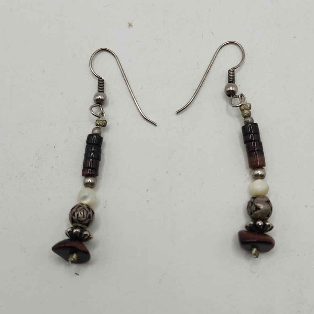 Boho‎ Brown Agate Bead Dangle Earrings Silver Tone Tribal Stick Drop 2 in Long